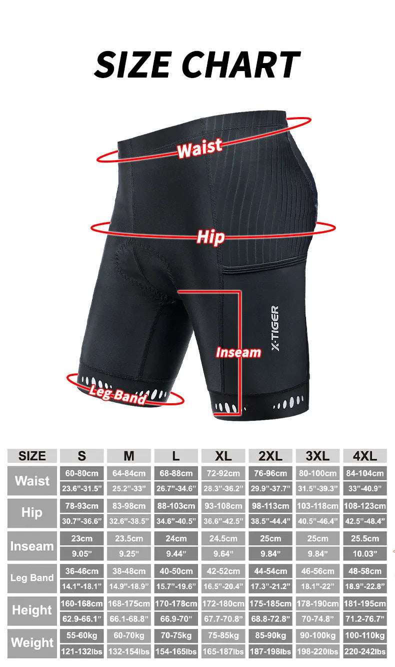 Shorts de Ciclismo Masculino X-TIGER com Bolso Traseiro - Bermuda com Forro de Gel 5D para Ciclismo de Montanha e Estrada, Meio-Comprimento, Justa ao Corpo