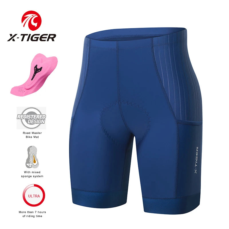 Shorts de Ciclismo X-Tiger Azul - Bermudas de Bicicleta Profissionais, Respiráveis, de Lycra, para Esportes, Feminino, MTB e Estrada.