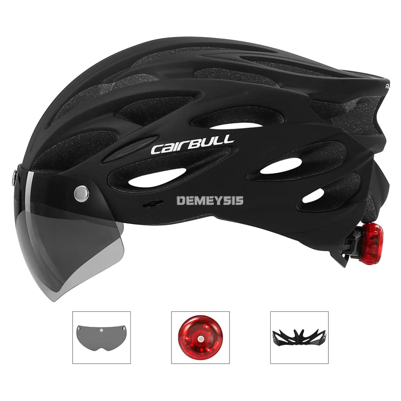 Capacete de Segurança Ultraleve para Ciclismo, Capacete com Luz Traseira para Bicicleta, com Lente e Viseira Removíveis.