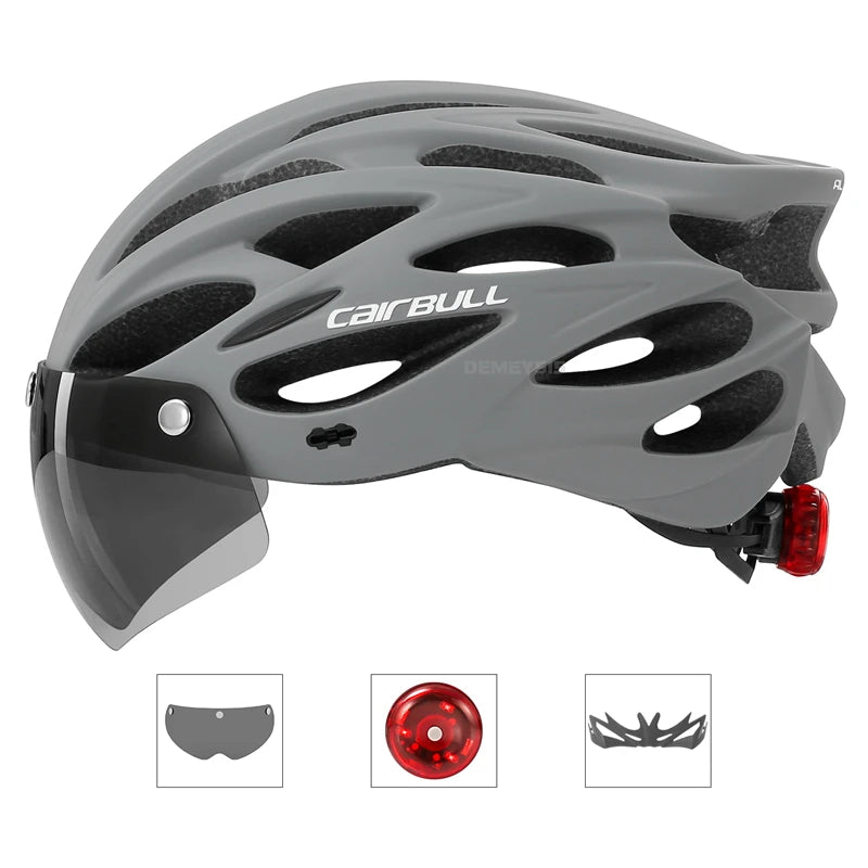 Capacete de Segurança Ultraleve para Ciclismo, Capacete com Luz Traseira para Bicicleta, com Lente e Viseira Removíveis.