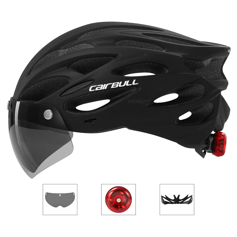 Capacete de Segurança Ultraleve para Ciclismo, Capacete com Luz Traseira para Bicicleta, com Lente e Viseira Removíveis.