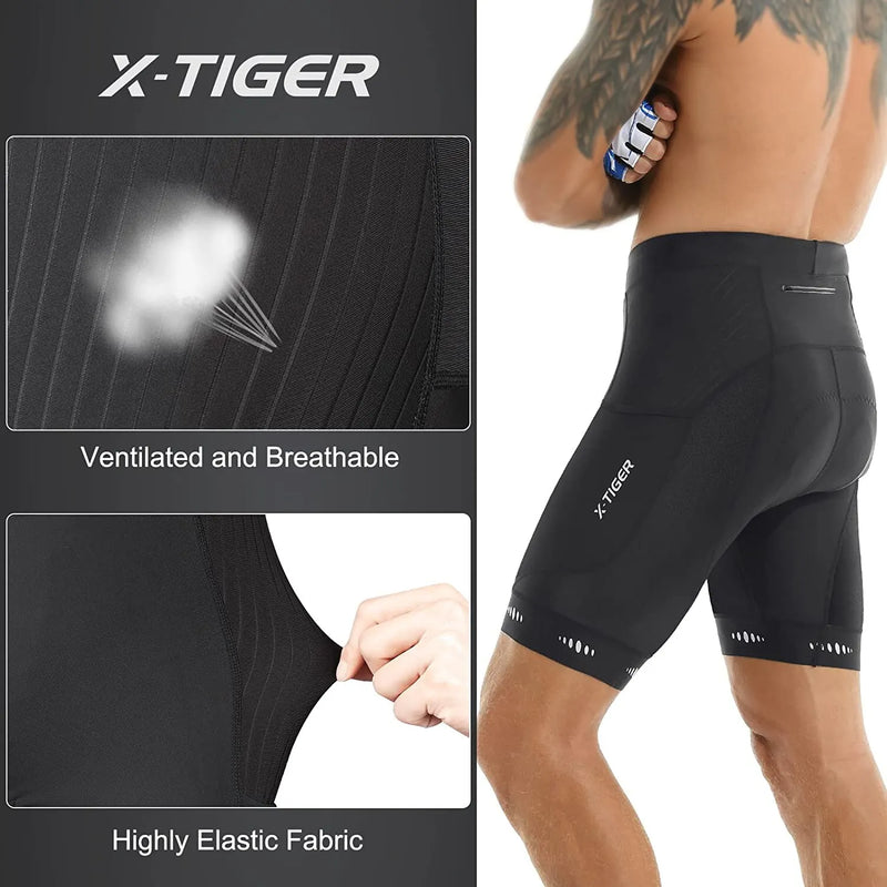 Shorts de Ciclismo Masculino X-TIGER com Bolso Traseiro - Bermuda com Forro de Gel 5D para Ciclismo de Montanha e Estrada, Meio-Comprimento, Justa ao Corpo