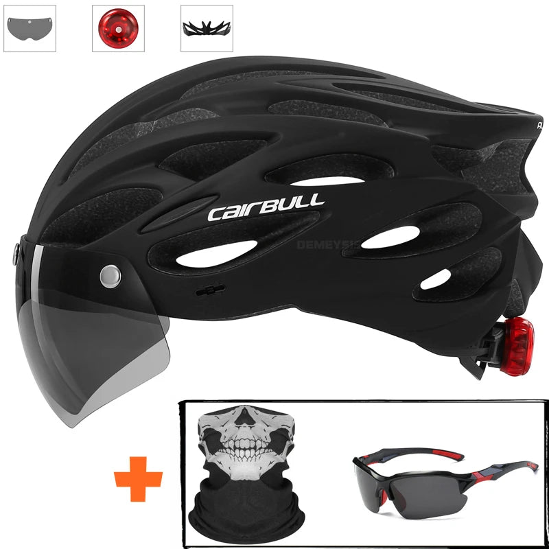 Capacete de Segurança Ultraleve para Ciclismo, Capacete com Luz Traseira para Bicicleta, com Lente e Viseira Removíveis.