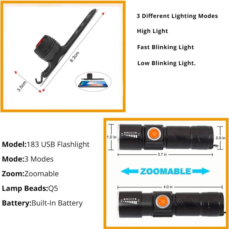 3 em 1 - 8000 Lúmens. Luz para Bicicleta USB recarregável LED à Prova d'Água Super Brilhante.