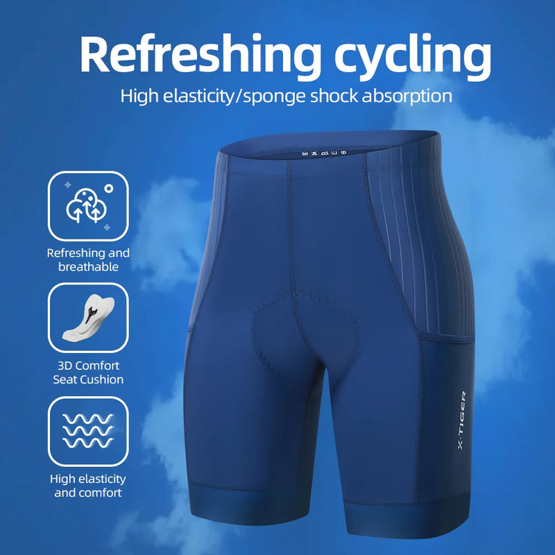 Shorts de Ciclismo X-Tiger Azul - Bermudas de Bicicleta Profissionais, Respiráveis, de Lycra, para Esportes, Feminino, MTB e Estrada.