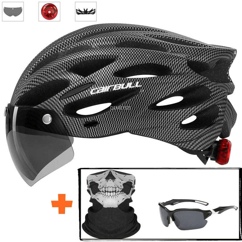 Capacete de Segurança Ultraleve para Ciclismo, Capacete com Luz Traseira para Bicicleta, com Lente e Viseira Removíveis.