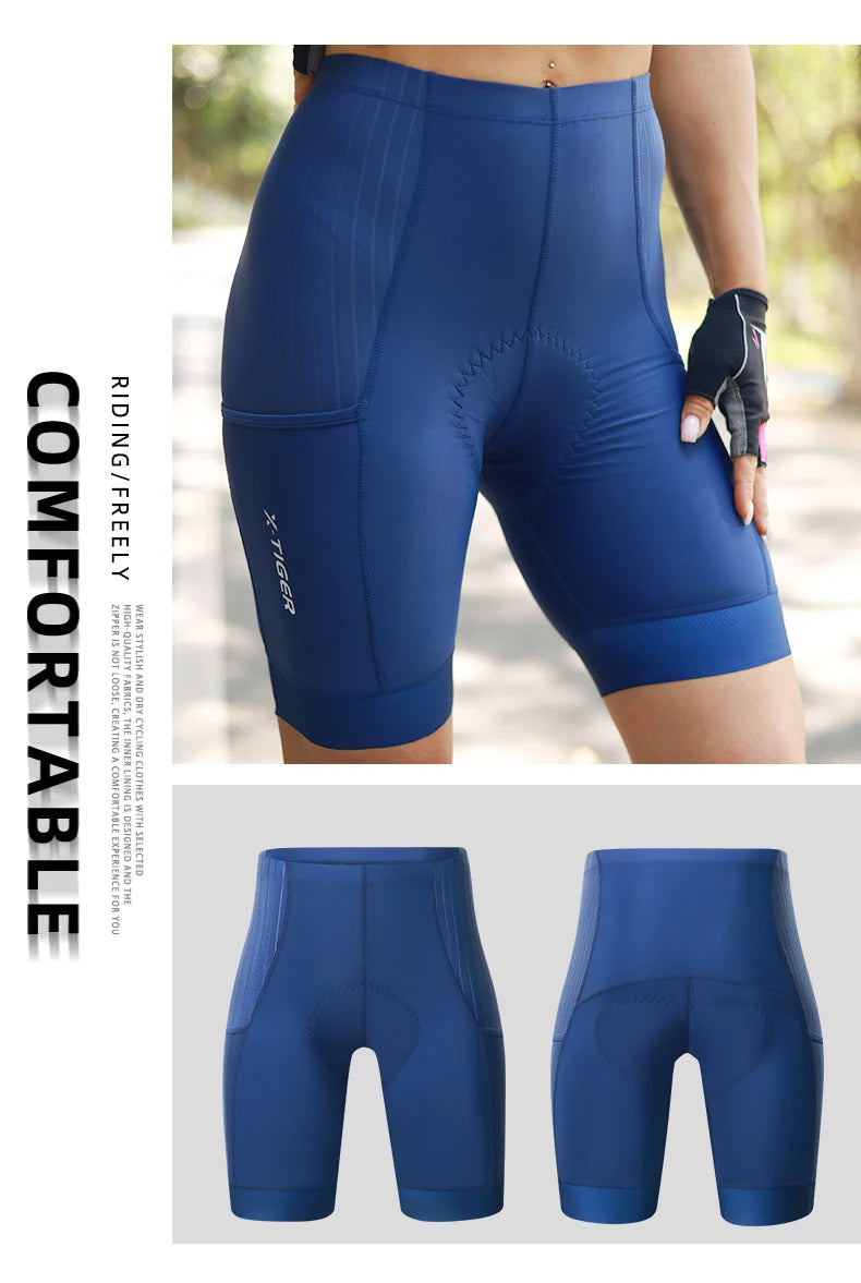 Shorts de Ciclismo X-Tiger Azul - Bermudas de Bicicleta Profissionais, Respiráveis, de Lycra, para Esportes, Feminino, MTB e Estrada.