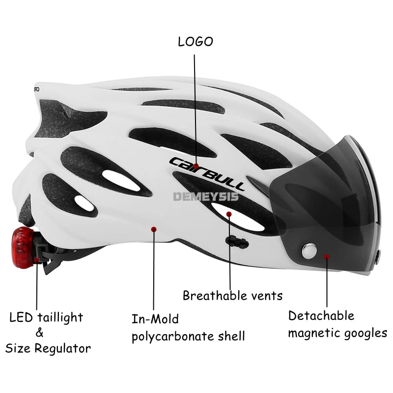 Capacete de Segurança Ultraleve para Ciclismo, Capacete com Luz Traseira para Bicicleta, com Lente e Viseira Removíveis.