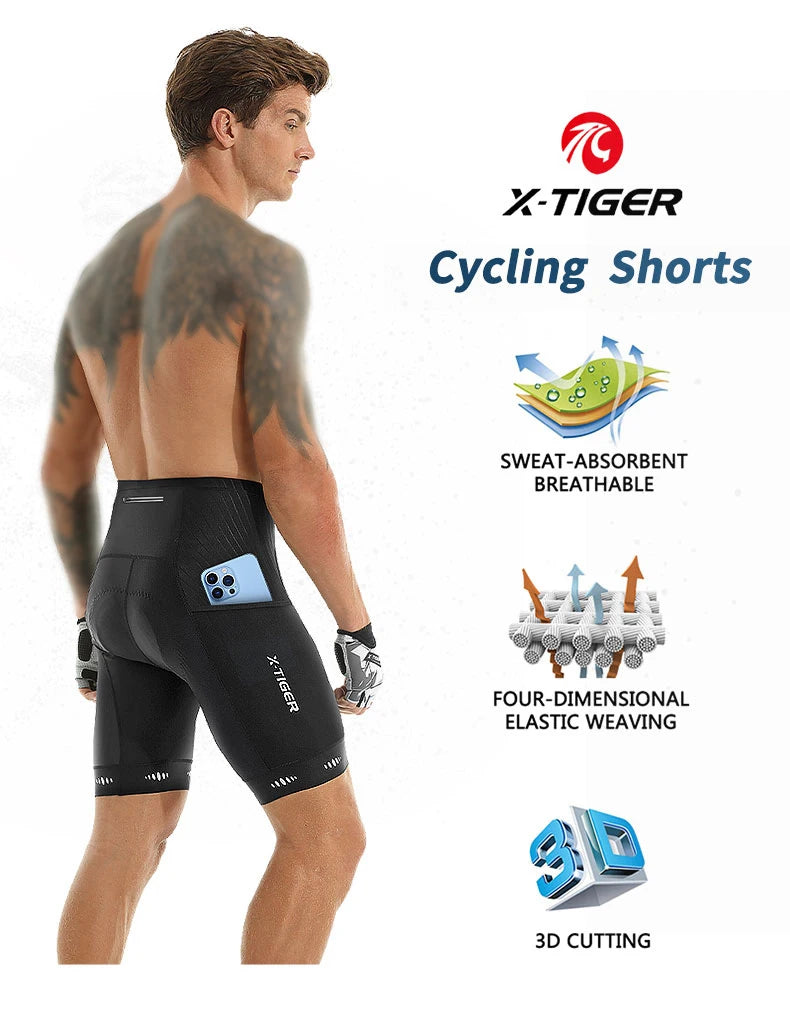 Shorts de Ciclismo Masculino X-TIGER com Bolso Traseiro - Bermuda com Forro de Gel 5D para Ciclismo de Montanha e Estrada, Meio-Comprimento, Justa ao Corpo