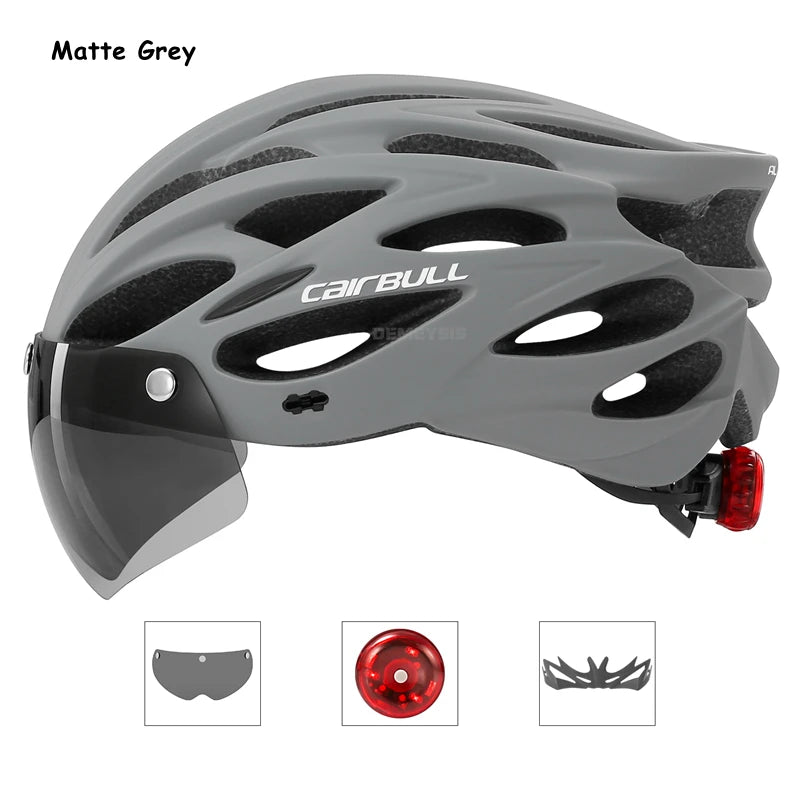 Capacete de Segurança Ultraleve para Ciclismo, Capacete com Luz Traseira para Bicicleta, com Lente e Viseira Removíveis.