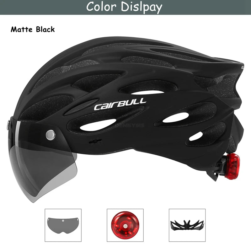 Capacete de Segurança Ultraleve para Ciclismo, Capacete com Luz Traseira para Bicicleta, com Lente e Viseira Removíveis.