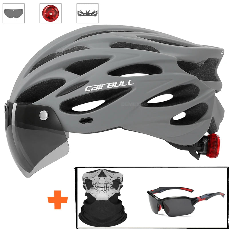 Capacete de Segurança Ultraleve para Ciclismo, Capacete com Luz Traseira para Bicicleta, com Lente e Viseira Removíveis.