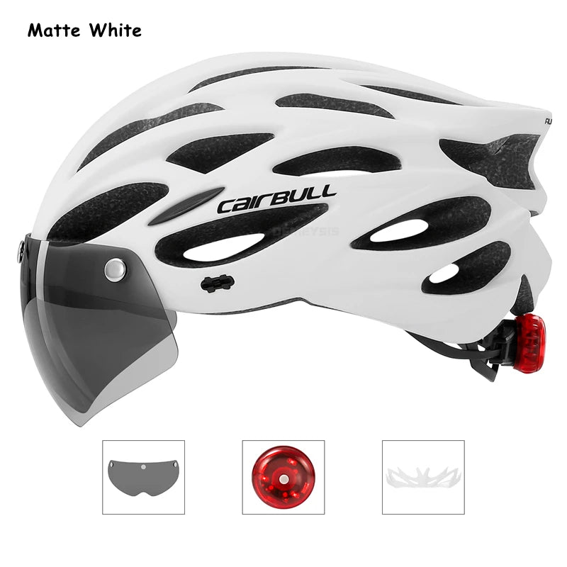 Capacete de Segurança Ultraleve para Ciclismo, Capacete com Luz Traseira para Bicicleta, com Lente e Viseira Removíveis.