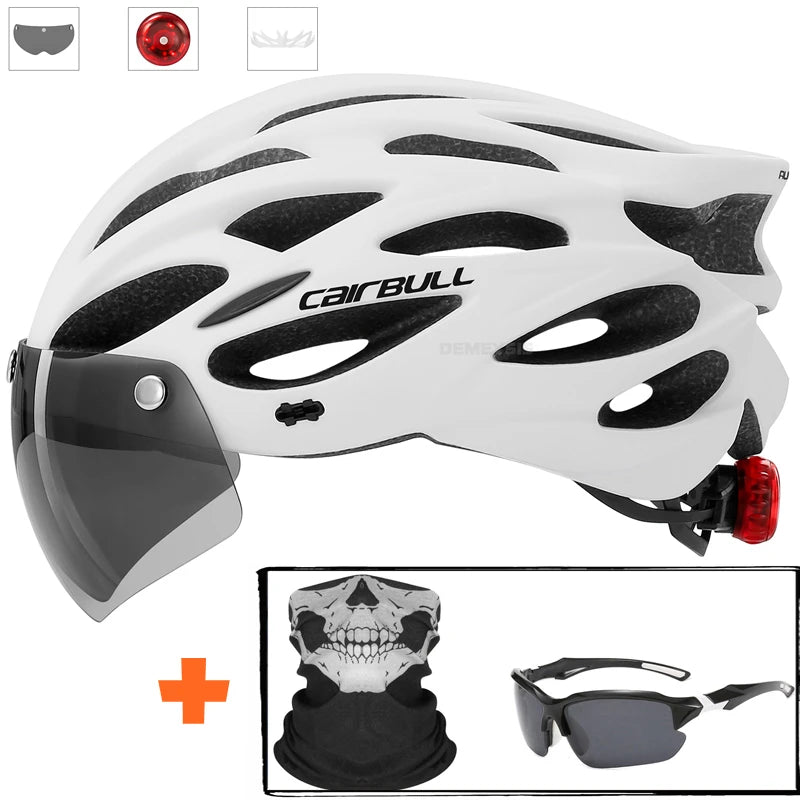 Capacete de Segurança Ultraleve para Ciclismo, Capacete com Luz Traseira para Bicicleta, com Lente e Viseira Removíveis.