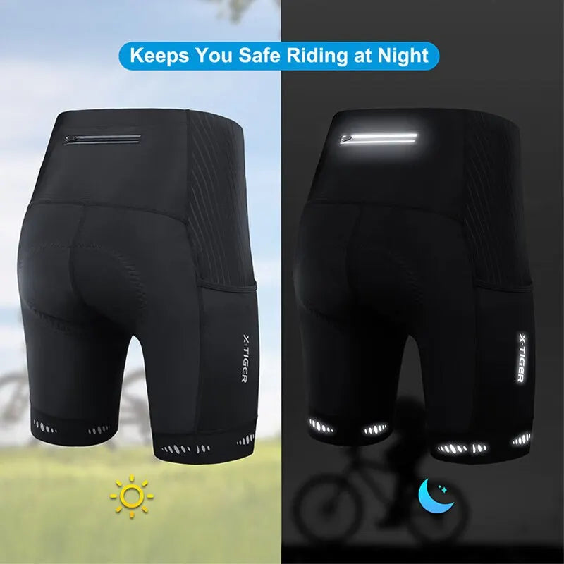 Shorts de Ciclismo Masculino X-TIGER com Bolso Traseiro - Bermuda com Forro de Gel 5D para Ciclismo de Montanha e Estrada, Meio-Comprimento, Justa ao Corpo